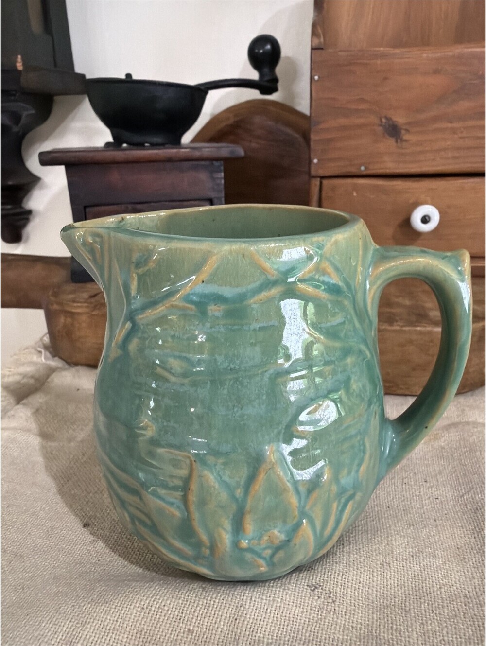 VTG McCoy Pottery Water Lily Pitcher 124 Green 1930s Stoneware 5" Lotus Flowers